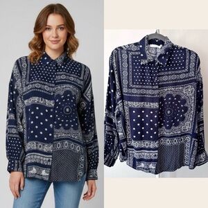 Vintage Floral Paisley Pattern Boho Festival Hippie Button Down Shirt Blouse